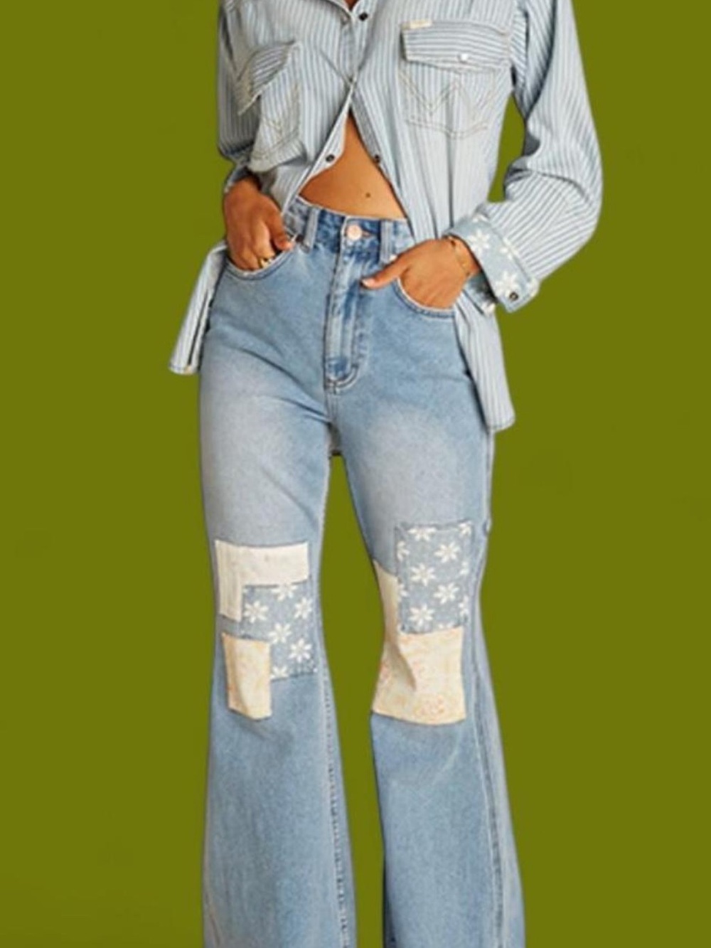 Wrangler 100% Cotton Light Blue Patchwork Flare Jeans • Size 25